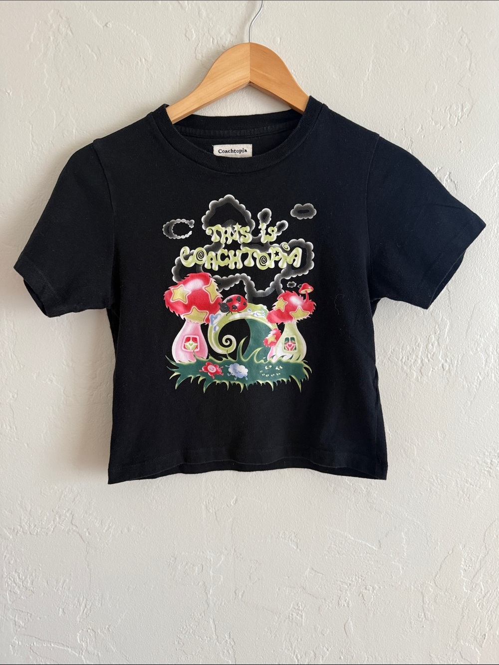 Coachtopia Black Graphic Baby Tee with Colorful Mushroom Print